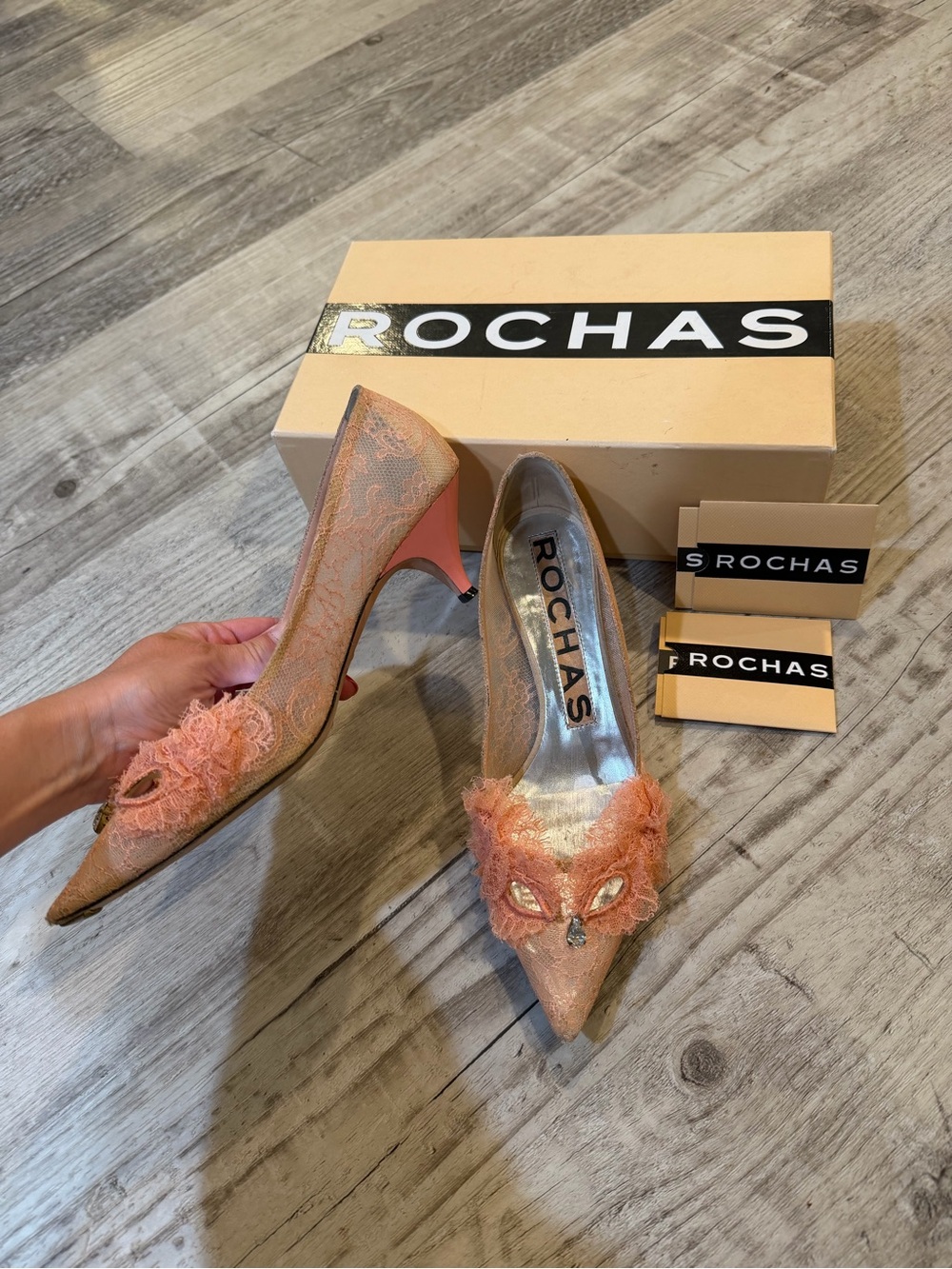Rochas Peach Textured Pointed-Toe Embellished Pumps